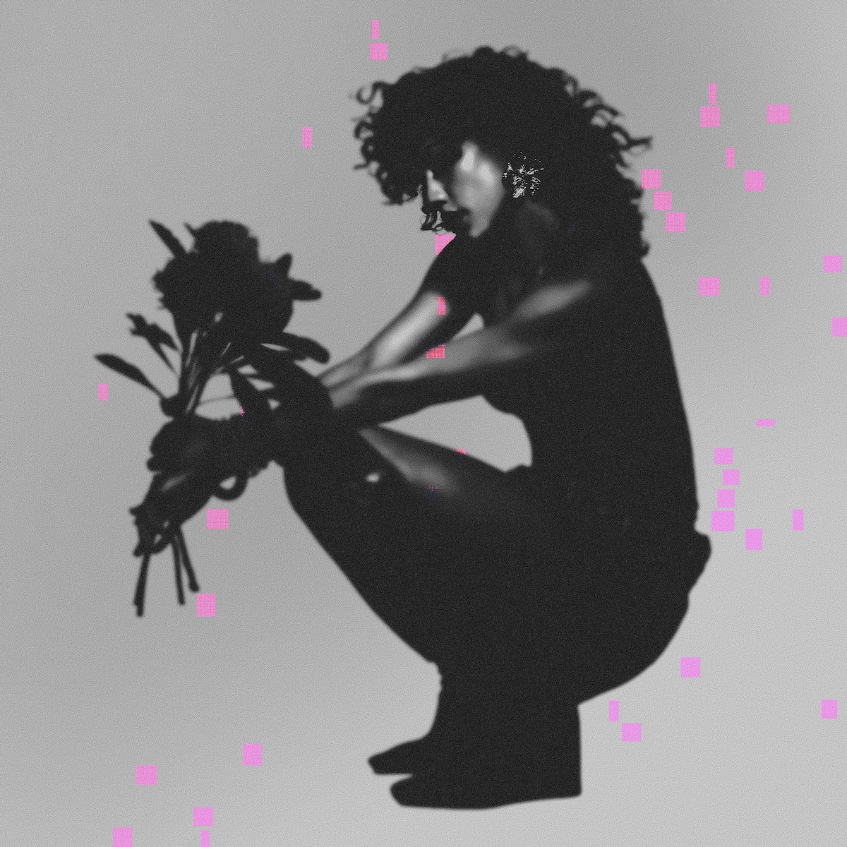 Single cover artwork for Becca Hatch's "Black Flower," featuring a dark silhouette crouching with a bouquet against grey background with pink pixels.